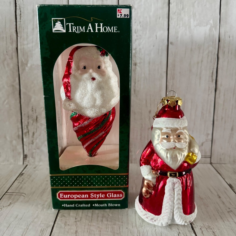 Trim A Home European Style Glass Santa Ornament Mouth Blown Vintage Set of 2